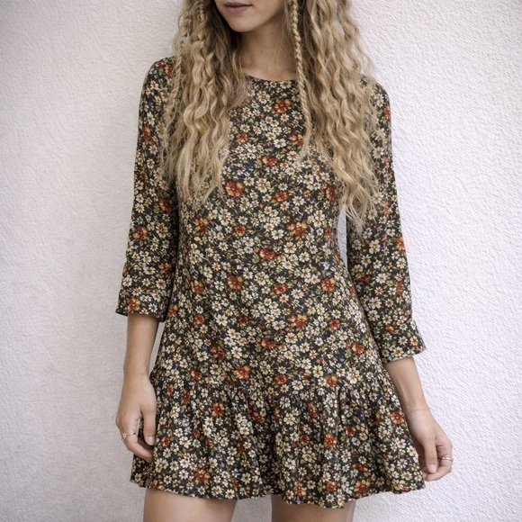 Free People Dresses & Skirts - Free People The Avenue Brown Floral Ruffle Mini Dress Cut Out Back M Boho